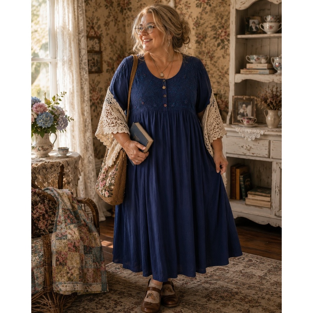 Womens XL Blue Embroidered Button Front Rayon Midi Dress Grandmacore Cottagecore